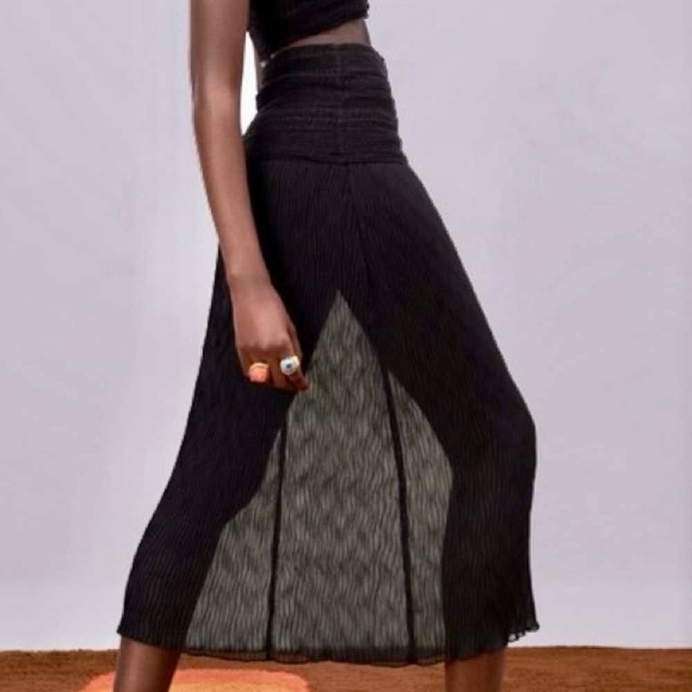 Zara black knit crochet mixed combination crocheted mesh semi-sheer midi skirt - Picture 9 of 9